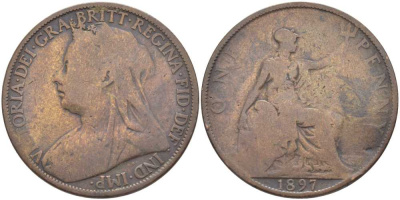 Великобритания 1 пенни 1897 Виктория (1837-1901) KM 790, Spink 3961 бронза 3460-713