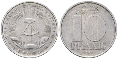 ГДР 10 пфеннигов 1967 A KM 10 алюминий 201-823