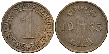 Германия 1 рейхспфенниг 1935 A KM 37, J. 313 бронза 4189-1267