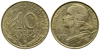 Франция 10 сантимов 1996 тип Марианна KM 929 медь алюминий никель 3461-231