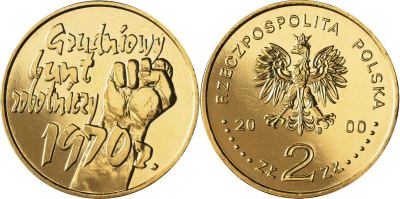 Польша 2 злотых 2000 MW, волнения 1970-1971 годов, 30-ая годовщина KM 404 нордик  UNC 4521-1016