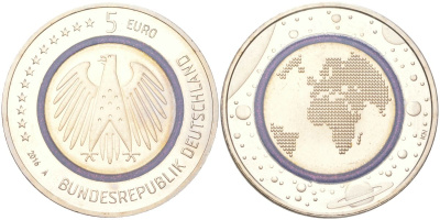 Германия 5 евро 2016 A, Планета Земля KM 348 триметалл BU 1529-242