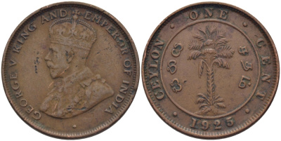 Цейлон 1 цент 1925 Георг V KM 107 медь 3459-215