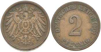 ГЕРМАНИЯ 2 ПФЕННИГА 1907 A KM 16, J. 11, Weege 4 медь 212-335
