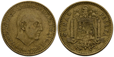 Испания 1 песета 1966 Франсиско Франко (1939-1975) KM 796 алюминиевая бронза 4176-316