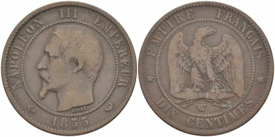 Франция 10 сантимов 1855 W, Наполеон III (1852-1870) KM 771.7, Le Franc 133.30 бронза  4680-526
