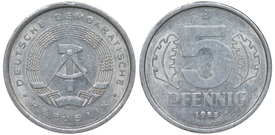 ГДР 5 ПФЕННИГОВ 1983 A КМ 9.2 алюминий 62-517