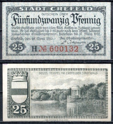 Крефельд (Пруссия, Рейн) 25 пфеннигов 1920 Mehl Grabowski C29.6a бумага UNC (пресс) 7555-57-2-2