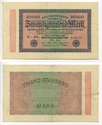 ГЕРМАНИЯ 20000 МАРОК 1923 20 ФЕВРАЛЯ 1923, ВОДЯНОЙ ЗНАК J Pick 85f бумага 6317-19-2