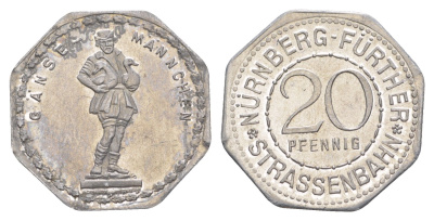 Нюрнберг трамвайный (транспортный) жетон в 20 пфеннигов ND (1920-1921) Фонтан Гусман (фермер с 2 гусями) Men05 19256.13, Men18 24102.13 алюминий UNC 4638-251