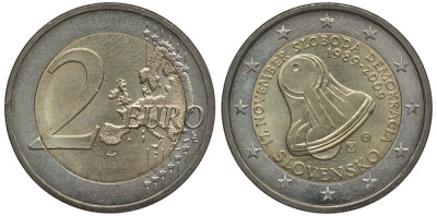 Словакия 2 евро 2009 20 лет Бархатной Революции, колокол KM 107 биметалл 3856-651