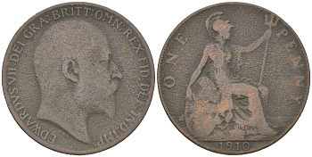 Великобритания 1 пенни 1910 Эдуард VII (1901-1910) KM 794.2, Spink 3990 бронза 3460-1042