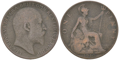 Великобритания 1 пенни 1910 Эдуард VII (1901-1910) KM 794.2, Spink 3990 бронза 3460-1042