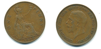Великобритания 1 пенни 1935 Георг V (1910-1936) КМ 838, Spink 4055 бронза 540-632