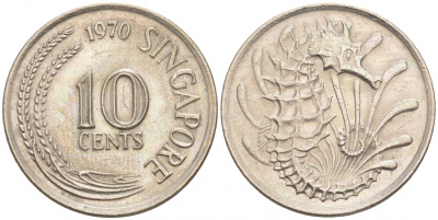 СИНГАПУР 10 ЦЕНТОВ 1970 МОРСКОЙ КОНЕК KM 3 медно-никель UNC 44-121