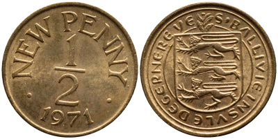 Гернси 1/2 пенни 1971 Елизавета II (1952-2022), герб KM 20 бронза UNC 53-221