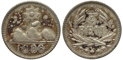 Гватемала 1/4 реала 1898 5 звезд, Испанское правление KM 162 серебро 4528-141