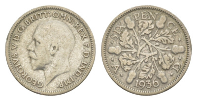 Великобритания 6 пенсов 1936 Георг V (1910-1936) KM 832, Spink 4041 серебро 4160-1048
