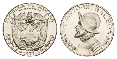 Панама 1/4 бальбоа (25 сентесимо) 1971 тираж 10.696 экземпляров KM 11.2a медь плакированная медно-никелем PROOF 1522-313