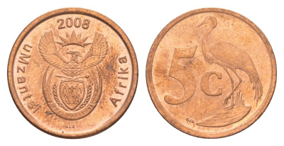 ЮАР 5 центов 2008 герб, райский журавль KM 440 сталь плакированная медью UNC 4621-727