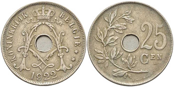 Бельгия 25 сантимов 1922 Belgie, Альберт I (1909-1934) KM 69 медно-никель 119-343