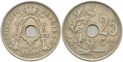 Бельгия 25 сантимов 1922 Belgie, Альберт I (1909-1934) KM 69 медно-никель 119-343