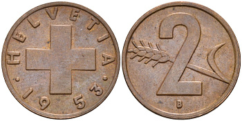 Швейцария 2 раппена 1953 В KM 47 бронза 4591-1123