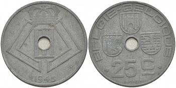 Бельгия 25 сантимов 1945 Belgie-Belgique, Леопольд III (1934-1947), германская оккупация KM 132 цинк 3996-722