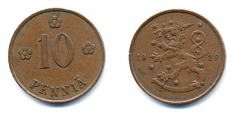 Финляндия 10 пенни 1929 республика (1918-1962) KM 24 медь 46-1642