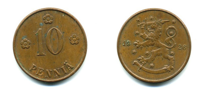 Финляндия 10 пенни 1926 республика (1918-1962) KM 24 медь 46-1533