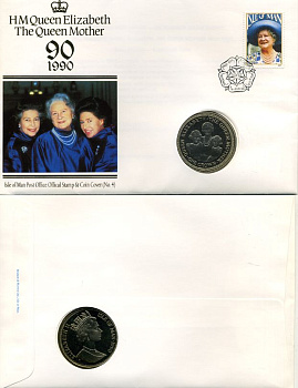 Остров Мэн 1 крона 1990 90 лет королеве-матери, в оригинальном конверте с маркой KM 307 медно-никель UNC 5-4-4-16