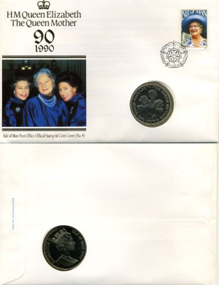Остров Мэн 1 крона 1990 90 лет королеве-матери, в оригинальном конверте с маркой KM 307 медно-никель UNC 5-4-4-16