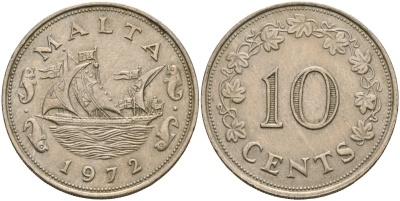 Мальта 10 центов 1972 баржа Великого магистра KM 11 медно-никель 4137-844