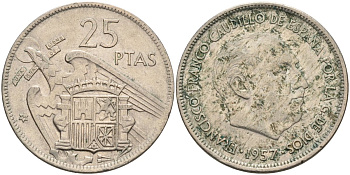 Испания 25 песет 1957 (64) Франсиско Франко (1939-1975) KM 787 медно-никель 4681-743