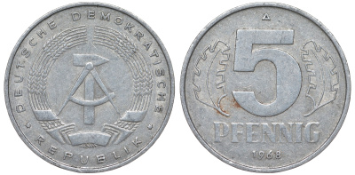 ГДР 5 пфеннигов 1968 A KM 9.1 алюминий 62-223