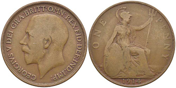 Великобритания 1 пенни 1914 Георг V (1910-1936) KM 810, Spink 4051 бронза 3460-733