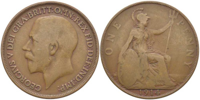 Великобритания 1 пенни 1914 Георг V (1910-1936) KM 810, Spink 4051 бронза 3460-733