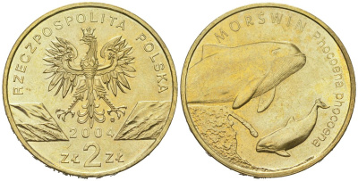Польша 2 злотых 2004 MW, серия сохраним природу, морская свинья KM 464 нордик  UNC  4531-1226
