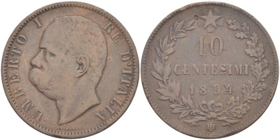 Италия 10 чентезимо 1894 B/I, Умберто I (1878-1900) KM 27.1 медь 4526-1026