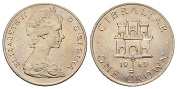 Гибралтар 1 крона 1969 Елизавета II (1952-2022), старый замок KM 4 медно-никель UNC 00-1067-2-52