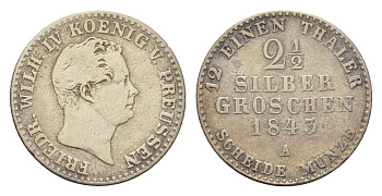 Пруссия 2 1/2 серебреных гроша 1843 A, Фридрих Вильгельм IV (1840-1861) KM 444 серебро 4655-824
