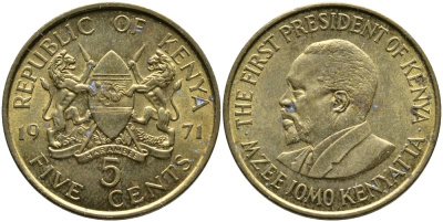 Кения 5 центов 1971 Джомо Кениата KM 10 никель латунь 4529-944
