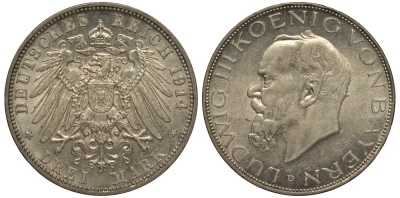Бавария 3 марки 1914 D, Людвиг III (1913-1918) Weege 52, J. 52, KM 520 серебро 413-1124