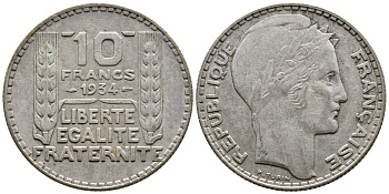 Франция 10 франков 1931 Пьер Тюрен KM 878, Le Franc 360.4 серебро 4683-822