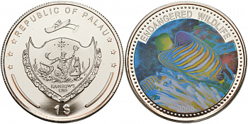 Палау 1 доллар 2008 серия вымирающие виды, рыба королевский ангел, цветная эмаль KM 166 медно-никель PROOF 1081-1-21