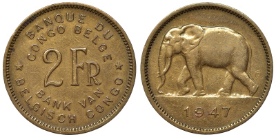 Бельгийское Конго 2 франка 1947 слон KM 28 латунь 4116-637