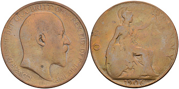 Великобритания 1 пенни 1906 Эдуард VII (1901-1910) KM 794.2, Sp 3990 бронза 4112-333