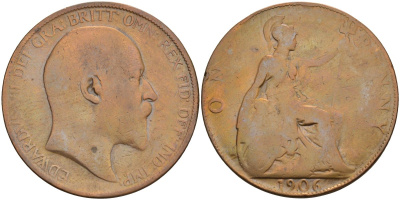 Великобритания 1 пенни 1906 Эдуард VII (1901-1910) KM 794.2, Sp 3990 бронза 4112-333