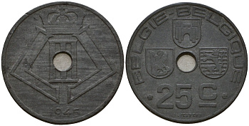 Бельгия 25 сантимов 1945 Belgie-Belgique, Леопольд III (1934-1947), германская оккупация KM 132 цинк 33-1231