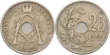Бельгия 25 сантимов 1922 Belgie, Альберт I (1909-1934) KM 69 медно-никель 4589-745